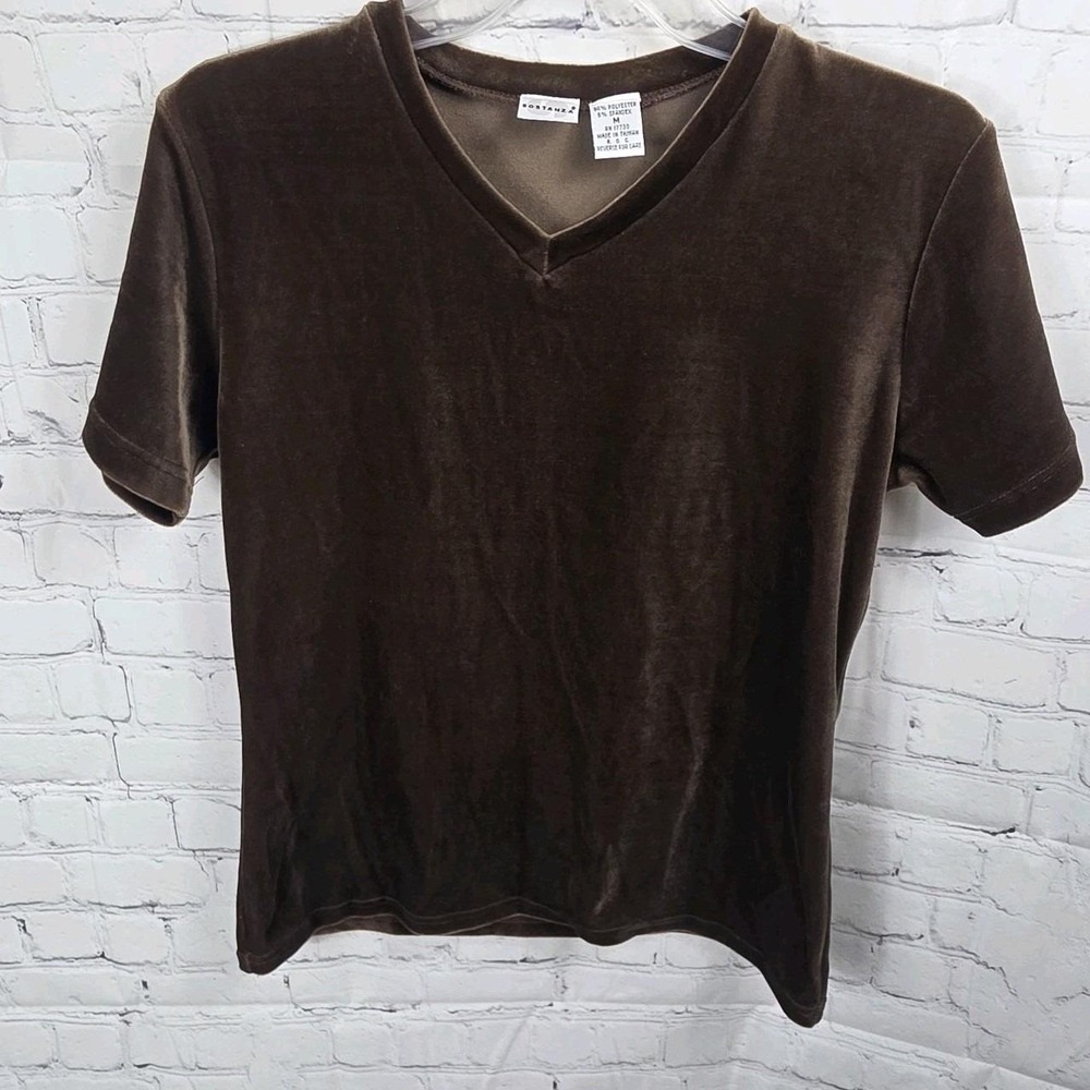 Sostanza Brown Velvet Vneck Tee Y2K 90s Vintage Medium